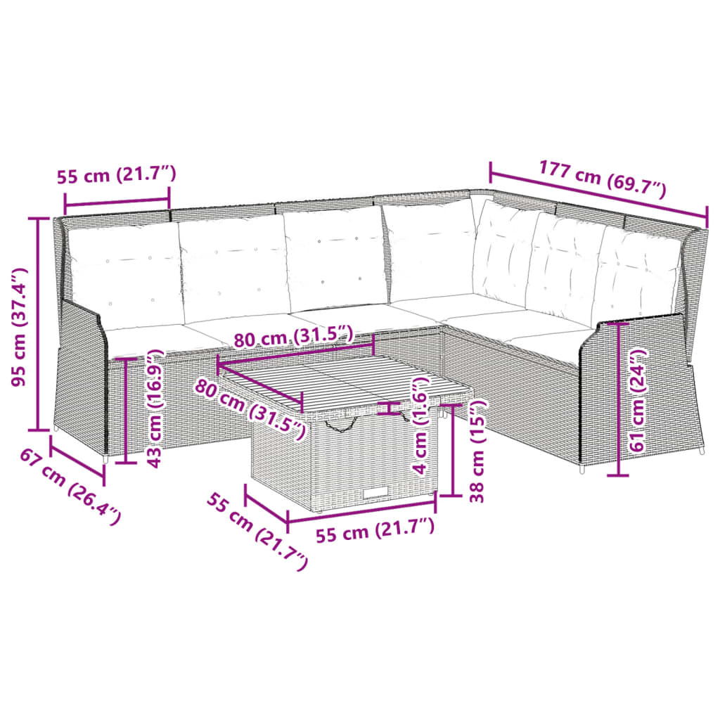 5-tlg. Garten-Lounge-Set mit Kissen Grau Poly Rattan