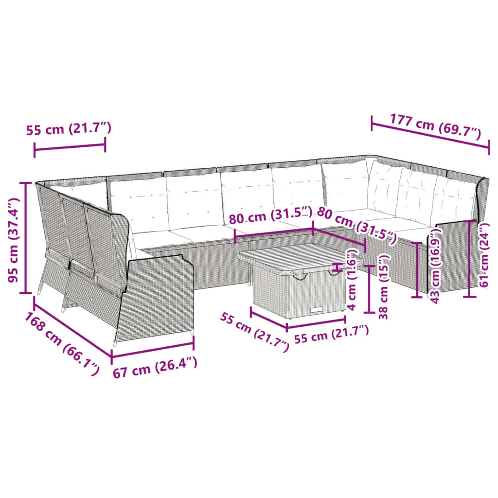 7-tlg. Garten-Lounge-Set mit Kissen Grau Poly Rattan