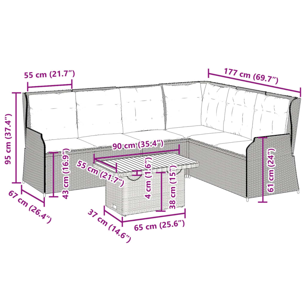 5-tlg. Garten-Lounge-Set mit Kissen Grau Poly Rattan