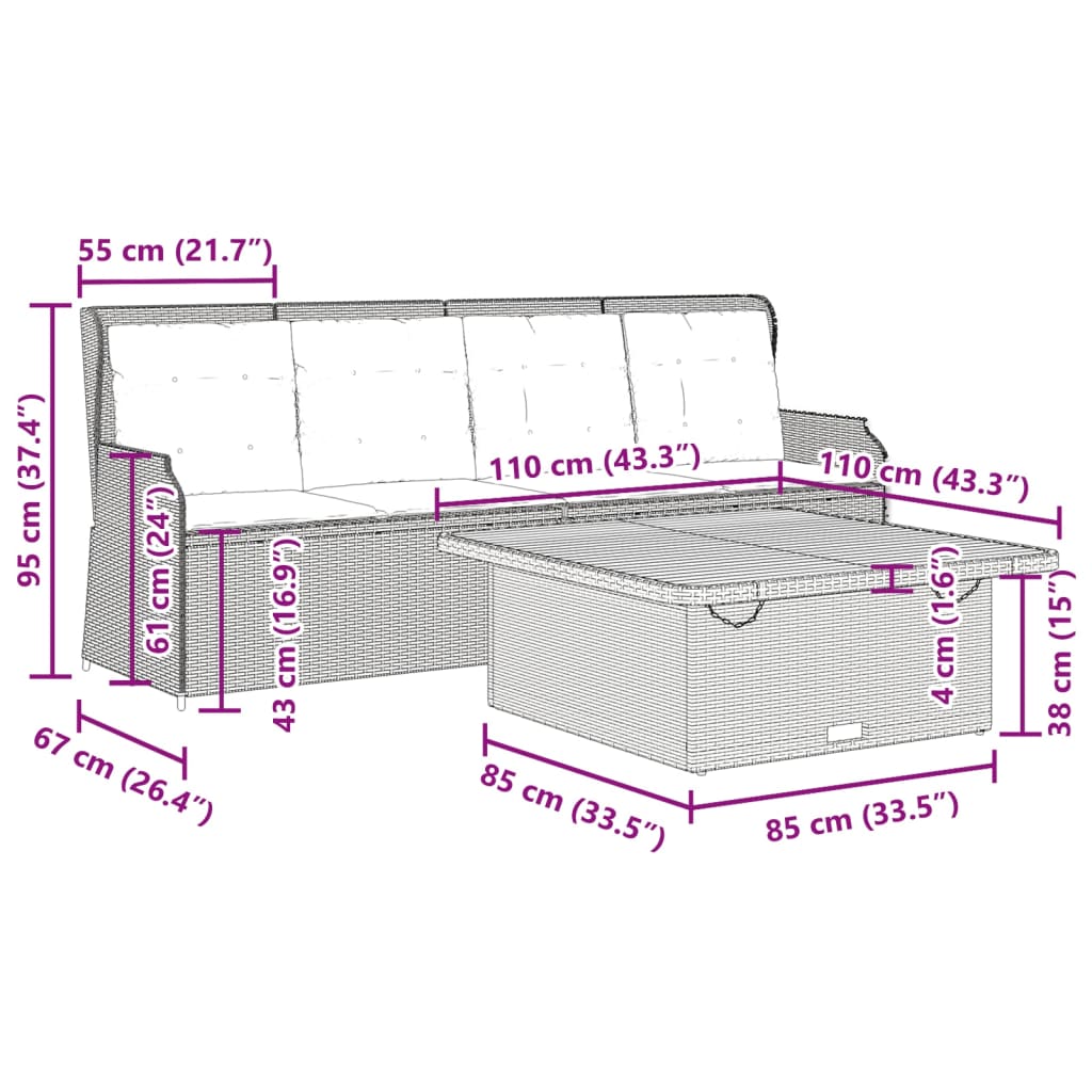 3-tlg. Garten-Sofagarnitur mit Kissen Schwarz Poly Rattan