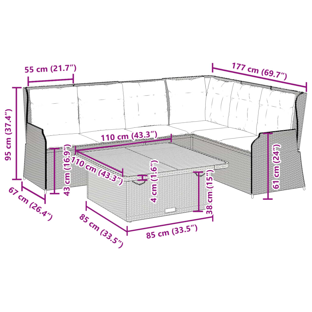5-tlg. Garten-Lounge-Set mit Kissen Schwarz Poly Rattan
