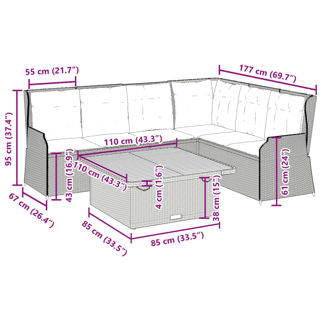 5-tlg. Garten-Lounge-Set mit Kissen Grau Poly Rattan