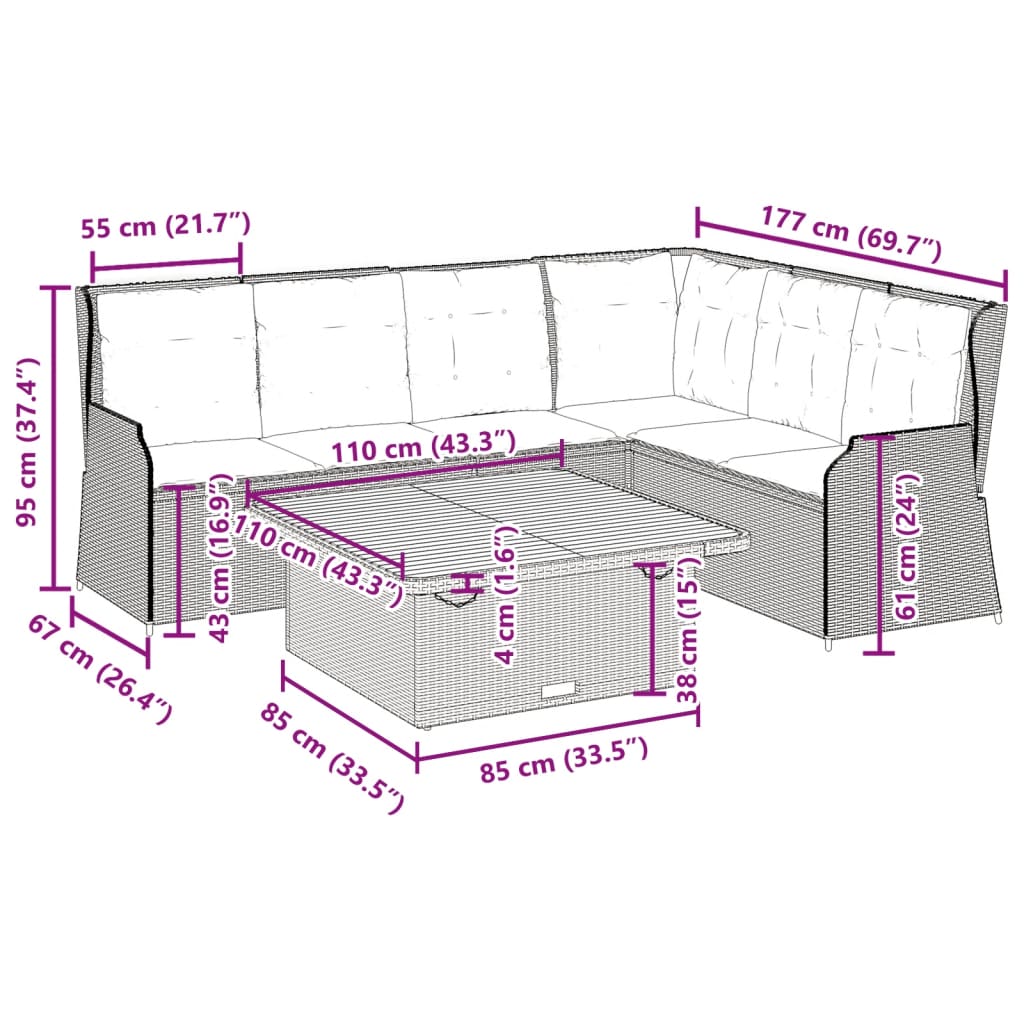 5-tlg. Garten-Lounge-Set mit Kissen Beige Poly Rattan
