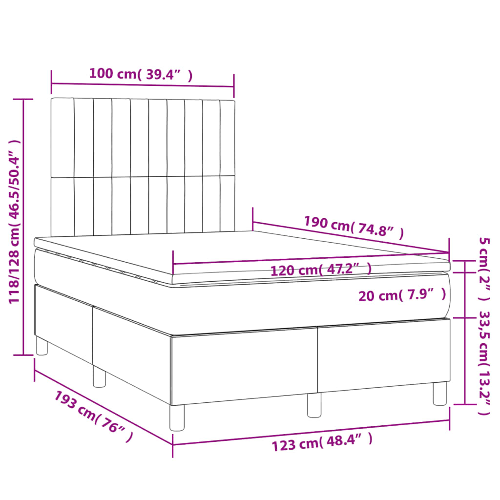 Lit à sommier tapissier avec matelas en tissu gris foncé 120x190 cm