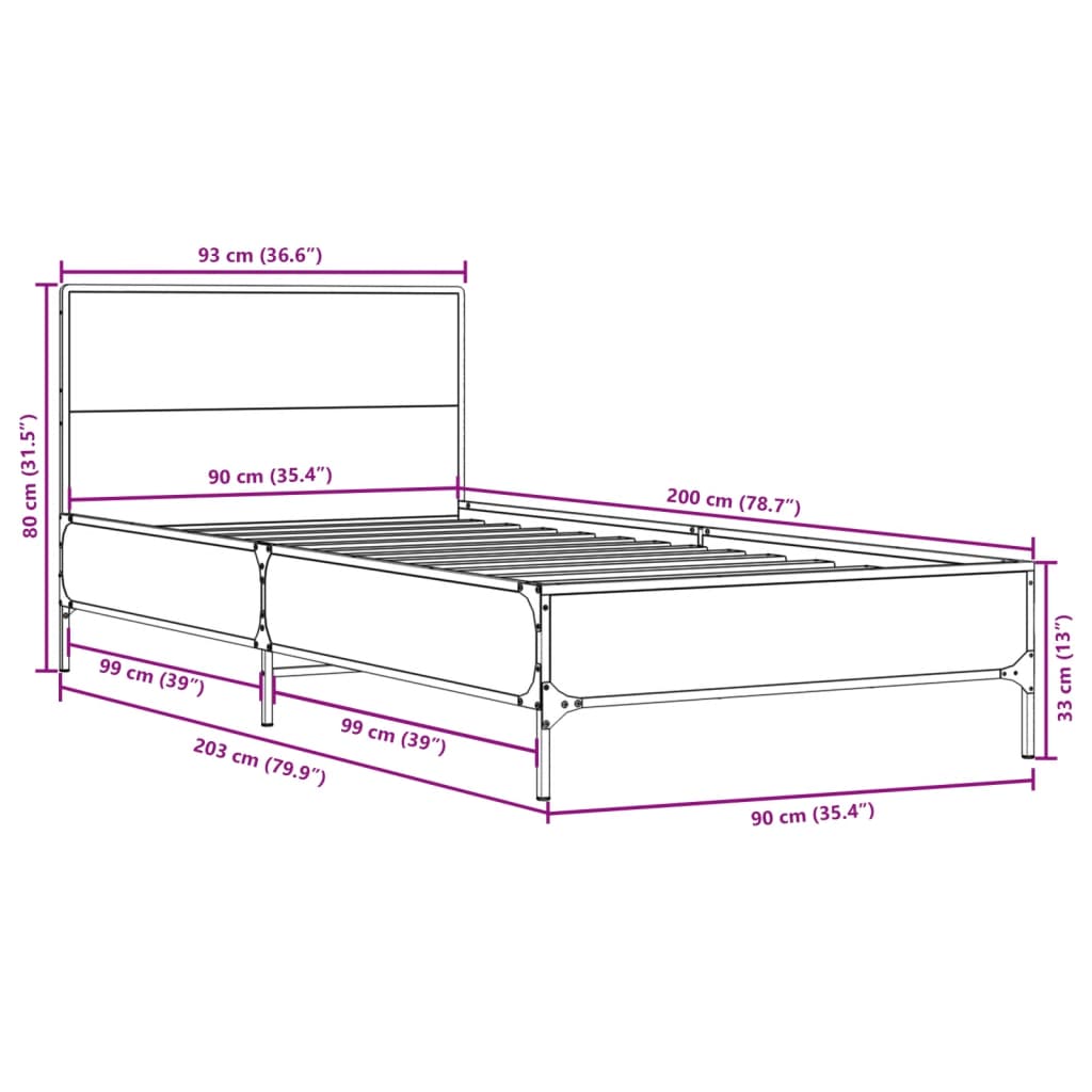 Cadre de lit aspect chêne marron 90x200 cm matière bois métal