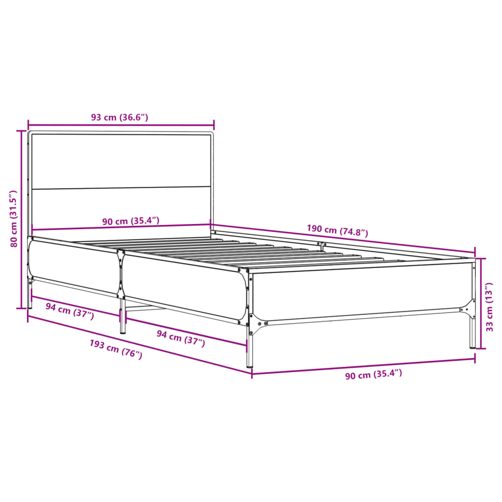 Bettgestell Braun Eichen-Optik 90x190 cm Holzwerkstoff Metall