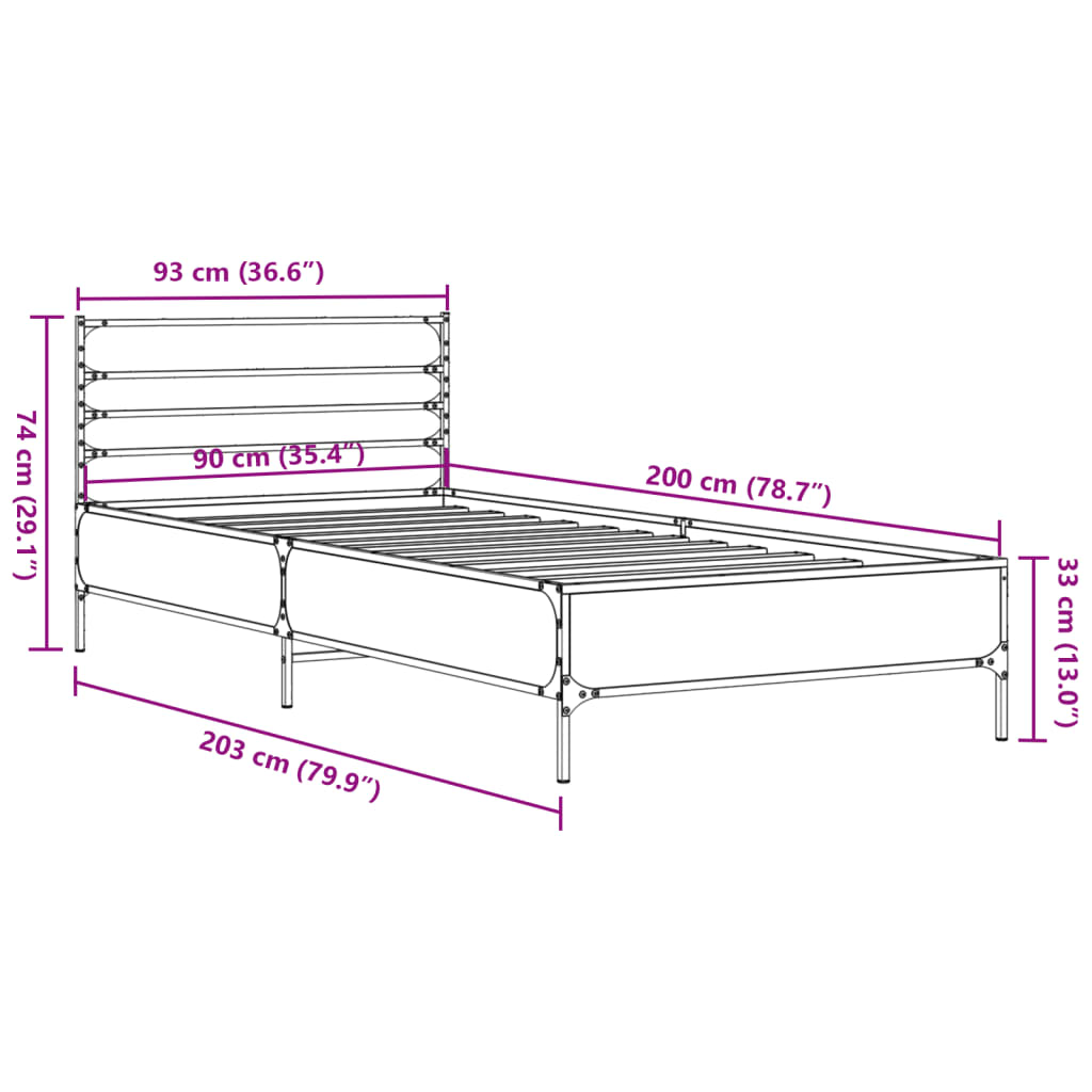 Cadre de lit aspect chêne marron 90x200 cm matière bois métal