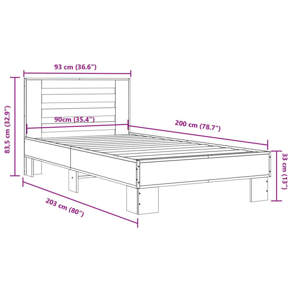 Cadre de lit aspect chêne marron 90x200 cm matière bois métal