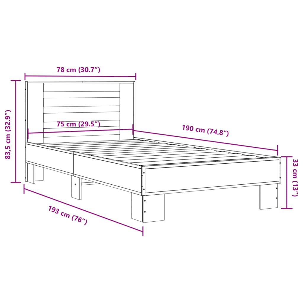Bed frame Grey Sonoma 75x190 cm wood material and metal