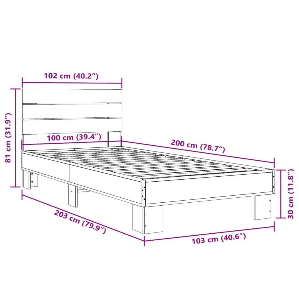 Cadre de lit Sonoma gris 100x200 cm en bois et métal