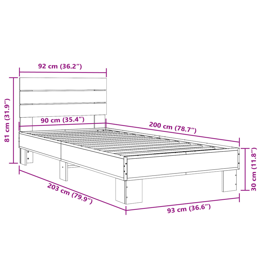 Cadre de lit aspect chêne marron 90x200 cm matière bois métal