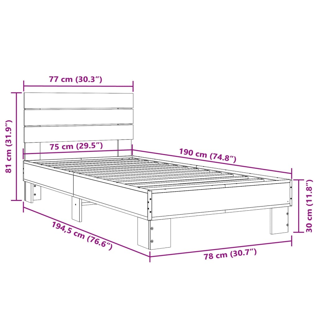 Cadre de lit aspect chêne marron 75x190 cm matière bois métal