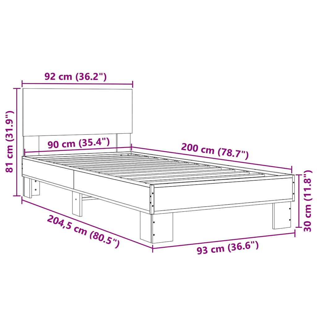 Cadre de lit aspect chêne marron 90x200 cm matière bois métal