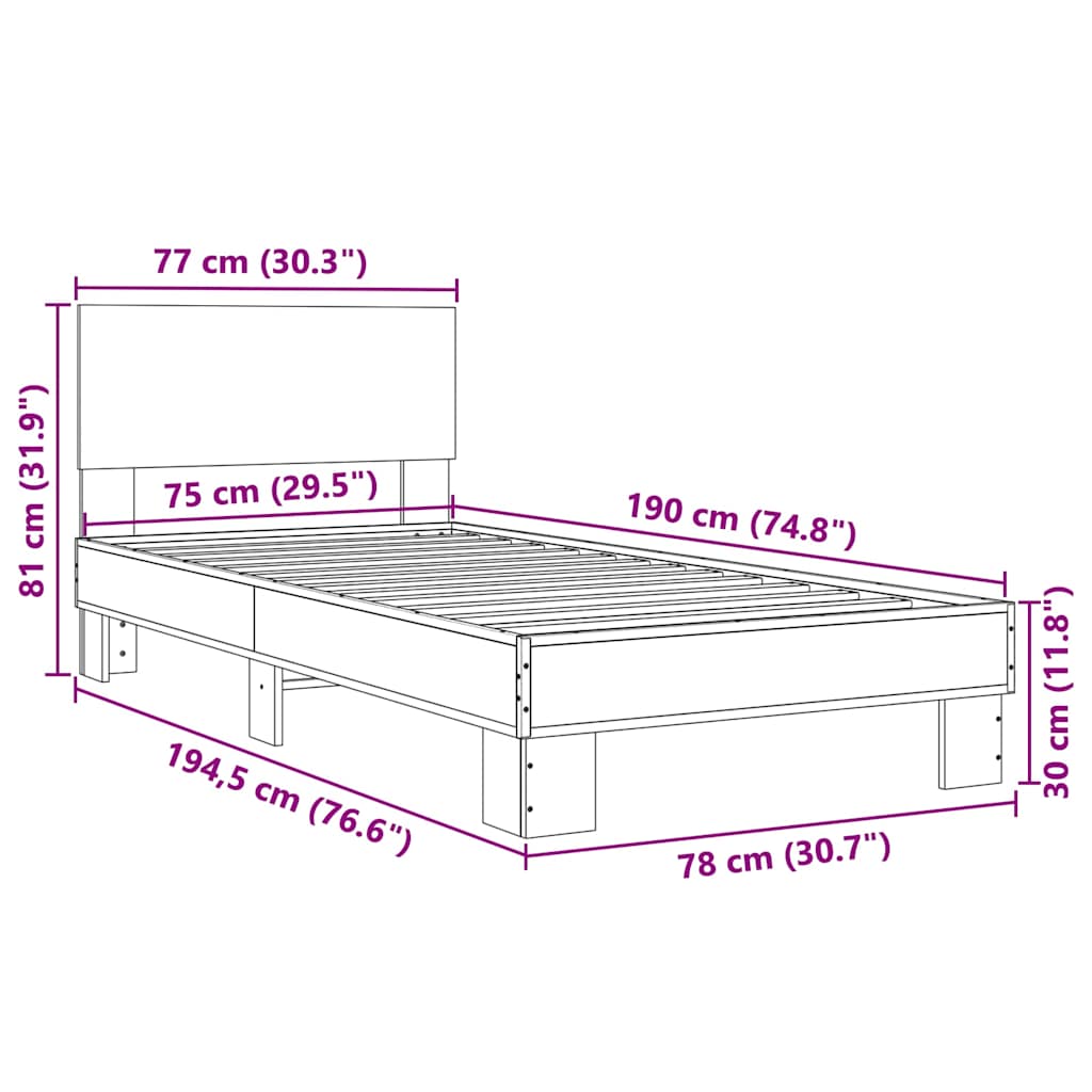 Bed frame Grey Sonoma 75x190 cm wood material and metal