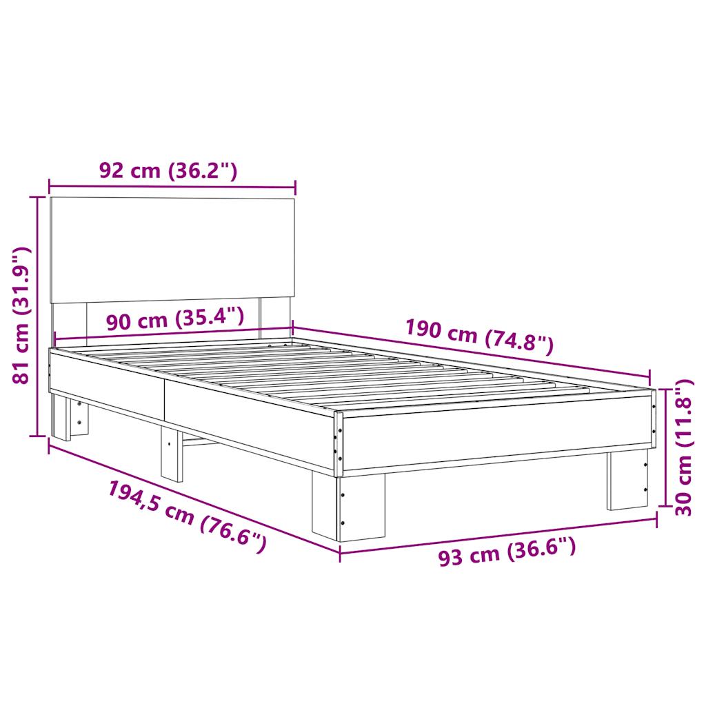 Bettgestell Braun Eichen-Optik 90x190 cm Holzwerkstoff Metall