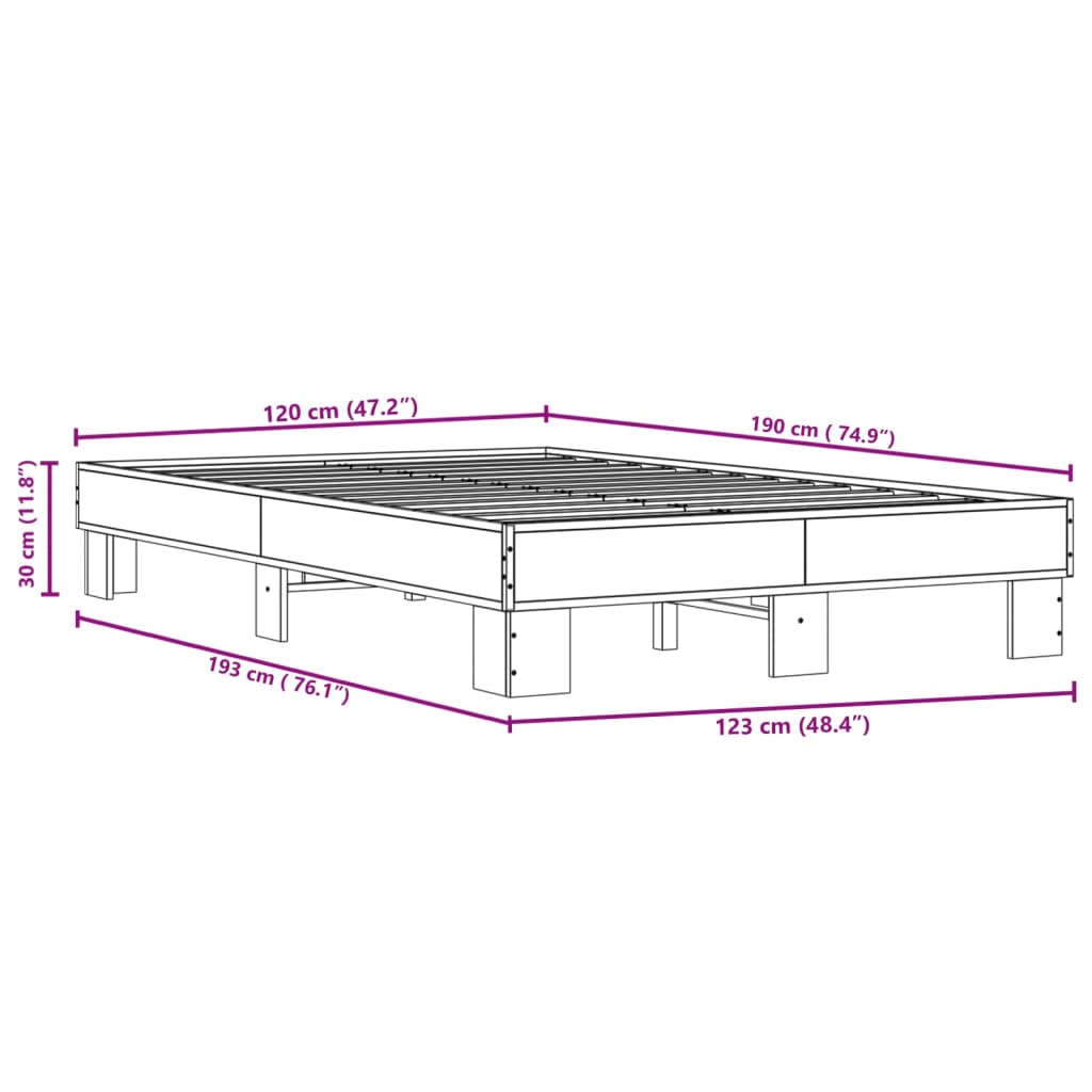 Cadre de lit aspect chêne marron 120x190 cm matière bois métal