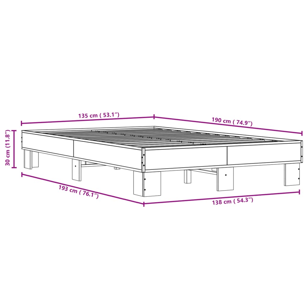 Cadre de lit aspect chêne marron 135x190 cm matière bois métal