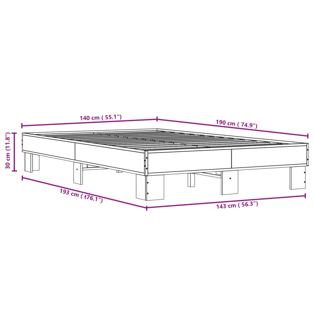 Cadre de lit aspect chêne marron 140x190 cm matière bois métal