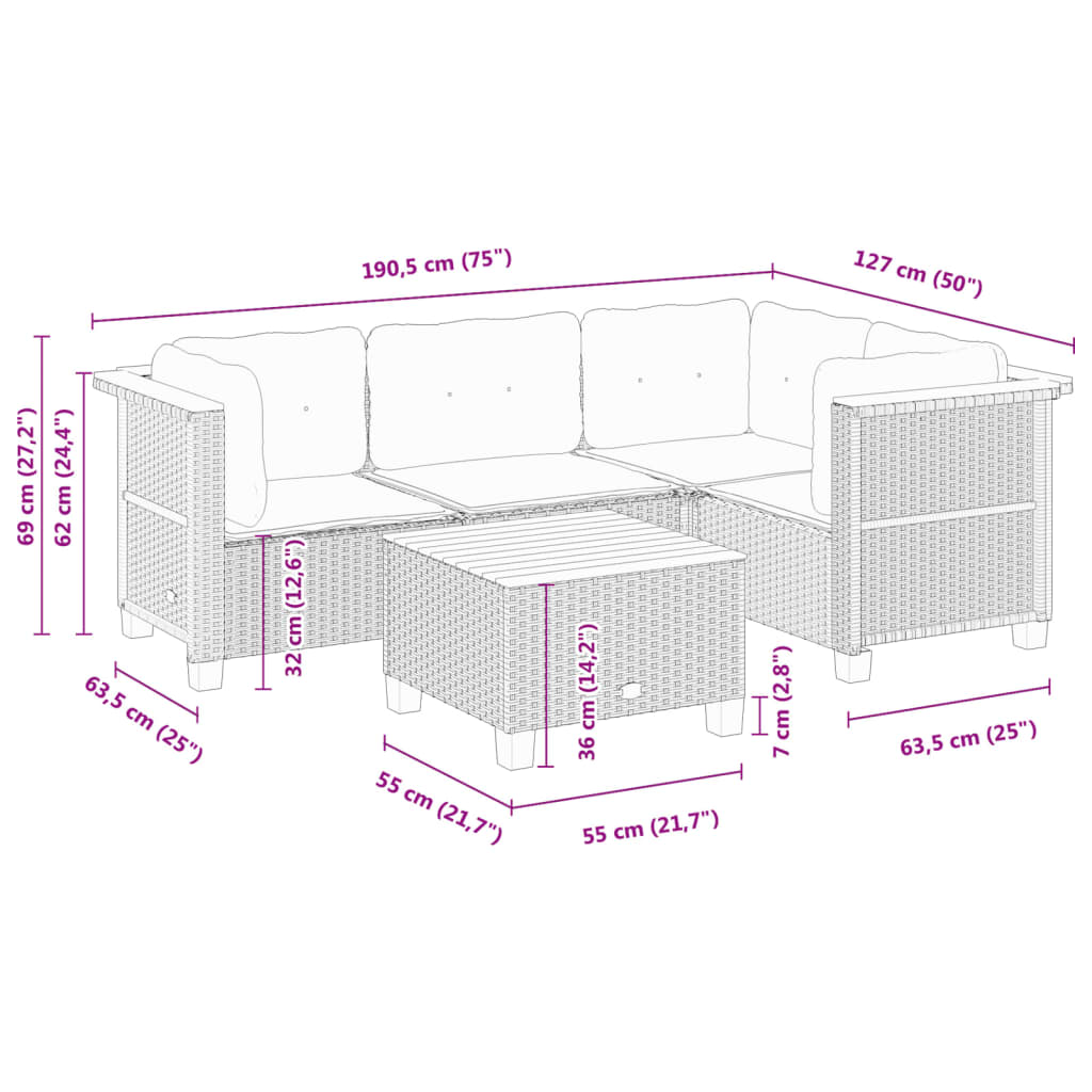 5-tlg. Garten-Sofagarnitur mit Kissen Schwarz Poly Rattan