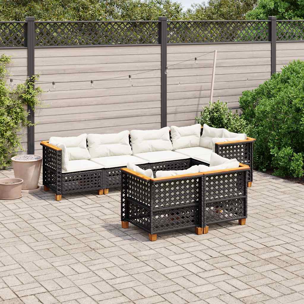 7-tlg. Garten-Sofagarnitur mit Kissen Schwarz Poly Rattan