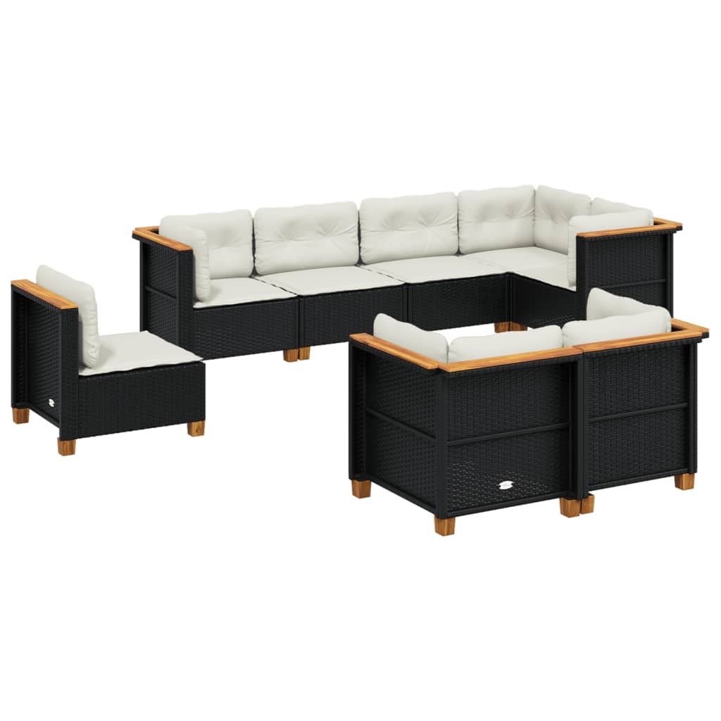 8-piece garden sofa set with cushions, black poly rattan