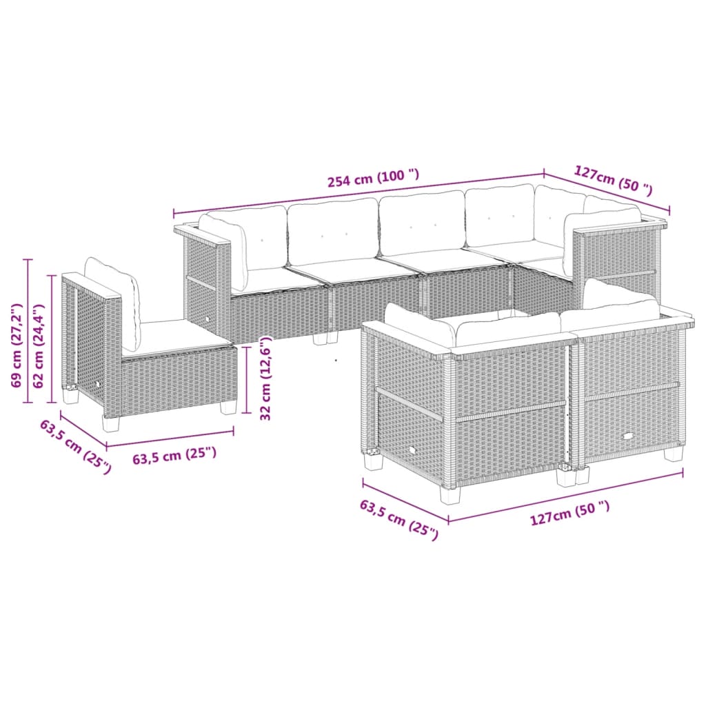 8-piece garden sofa set with cushions, black poly rattan