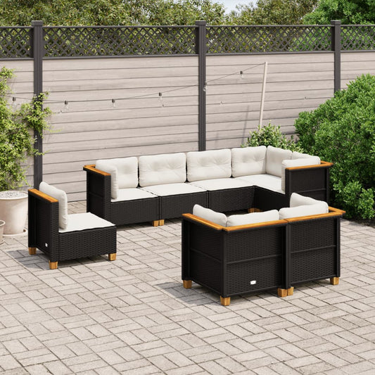 8-piece garden sofa set with cushions, black poly rattan