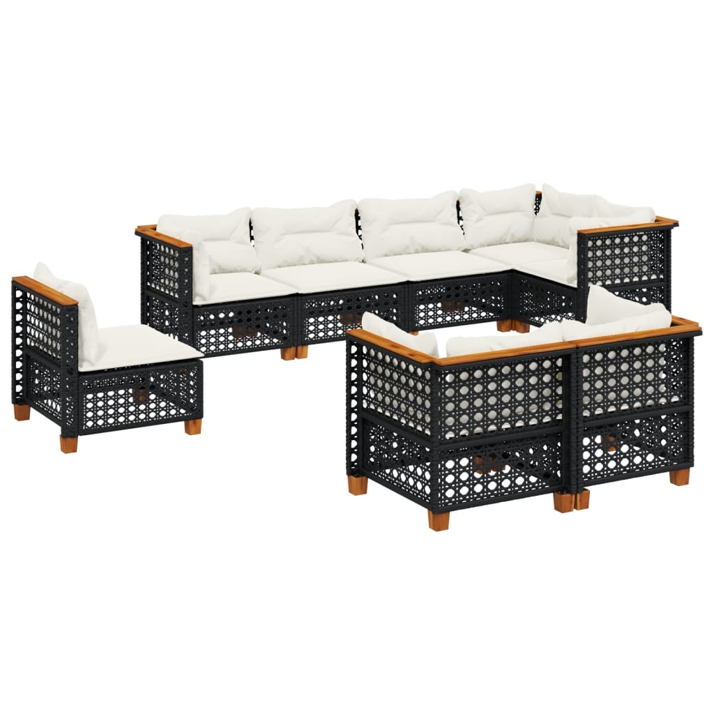 8-piece garden sofa set with cushions, black poly rattan