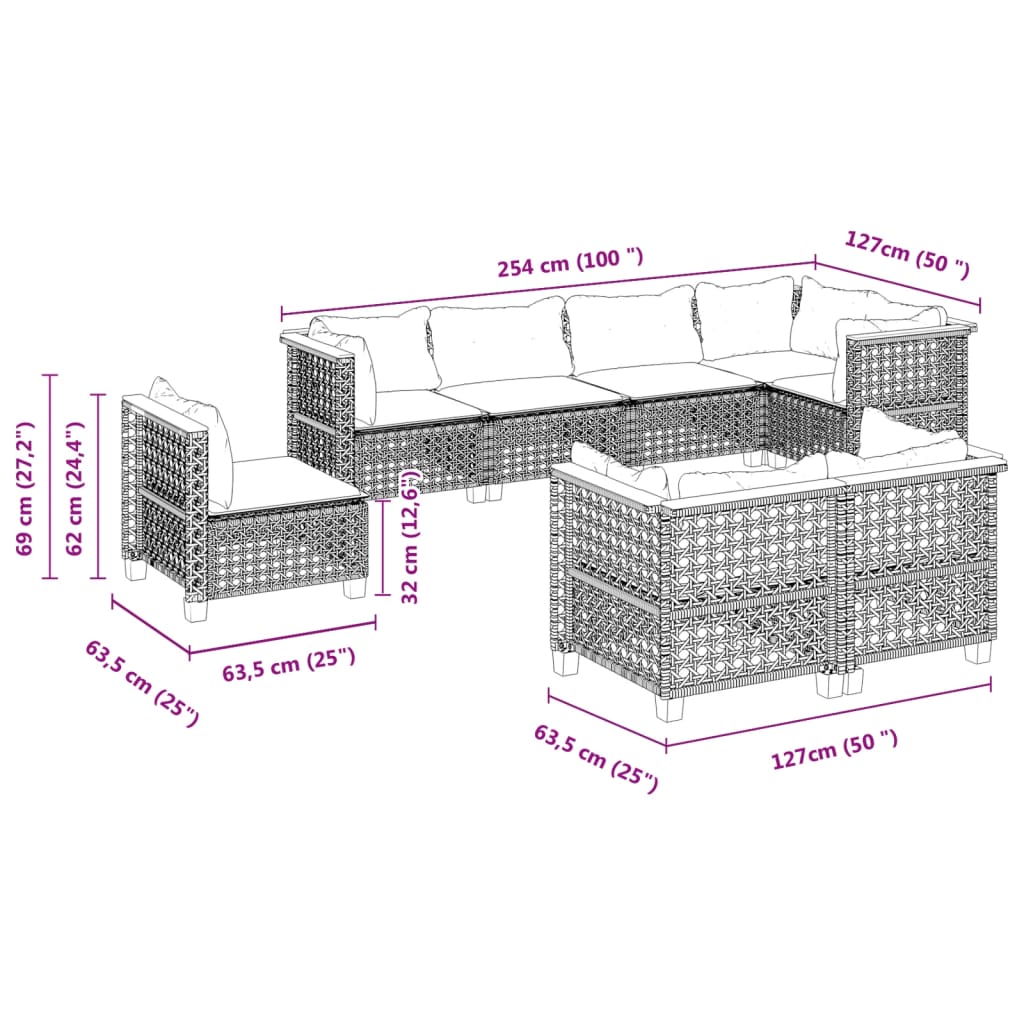 8-piece garden sofa set with cushions, black poly rattan