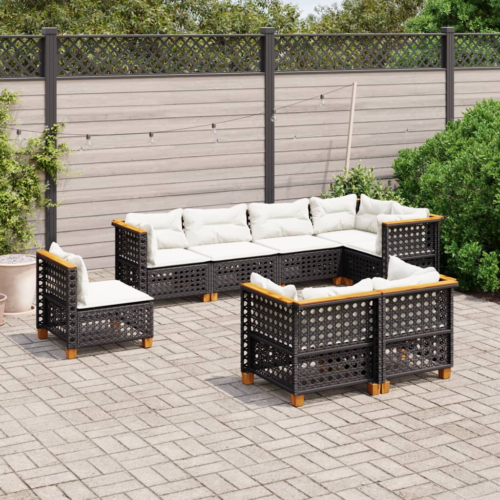 8-piece garden sofa set with cushions, black poly rattan