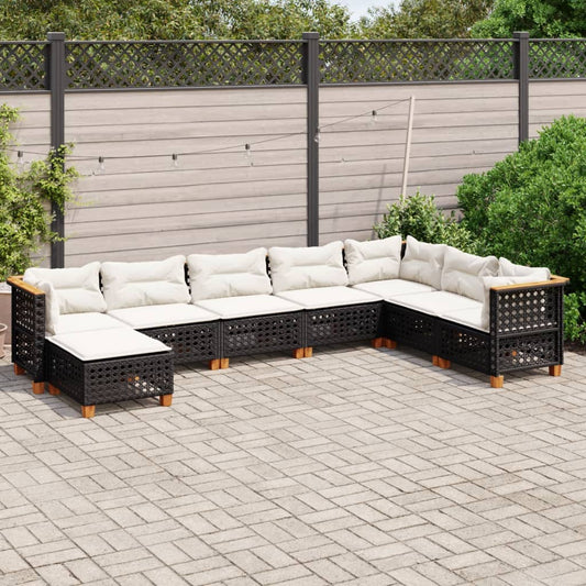8-piece garden sofa set with cushions, black poly rattan