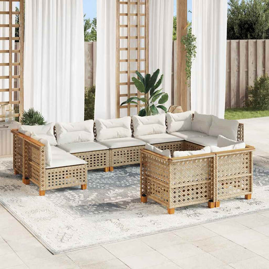 9-tlg. Garten-Sofagarnitur mit Kissen Beige Poly Rattan