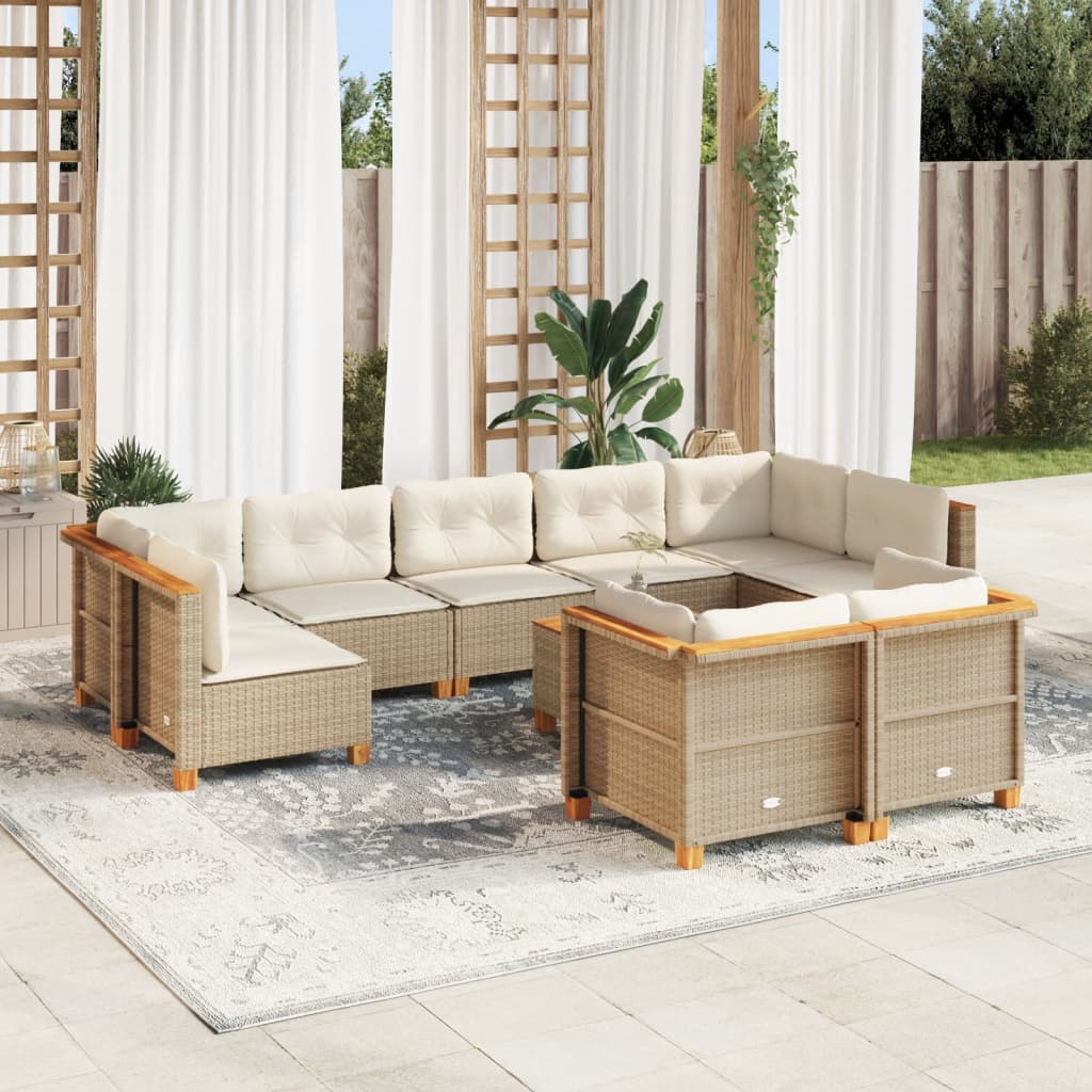 10-tlg. Garten-Sofagarnitur mit Kissen Beige Poly Rattan