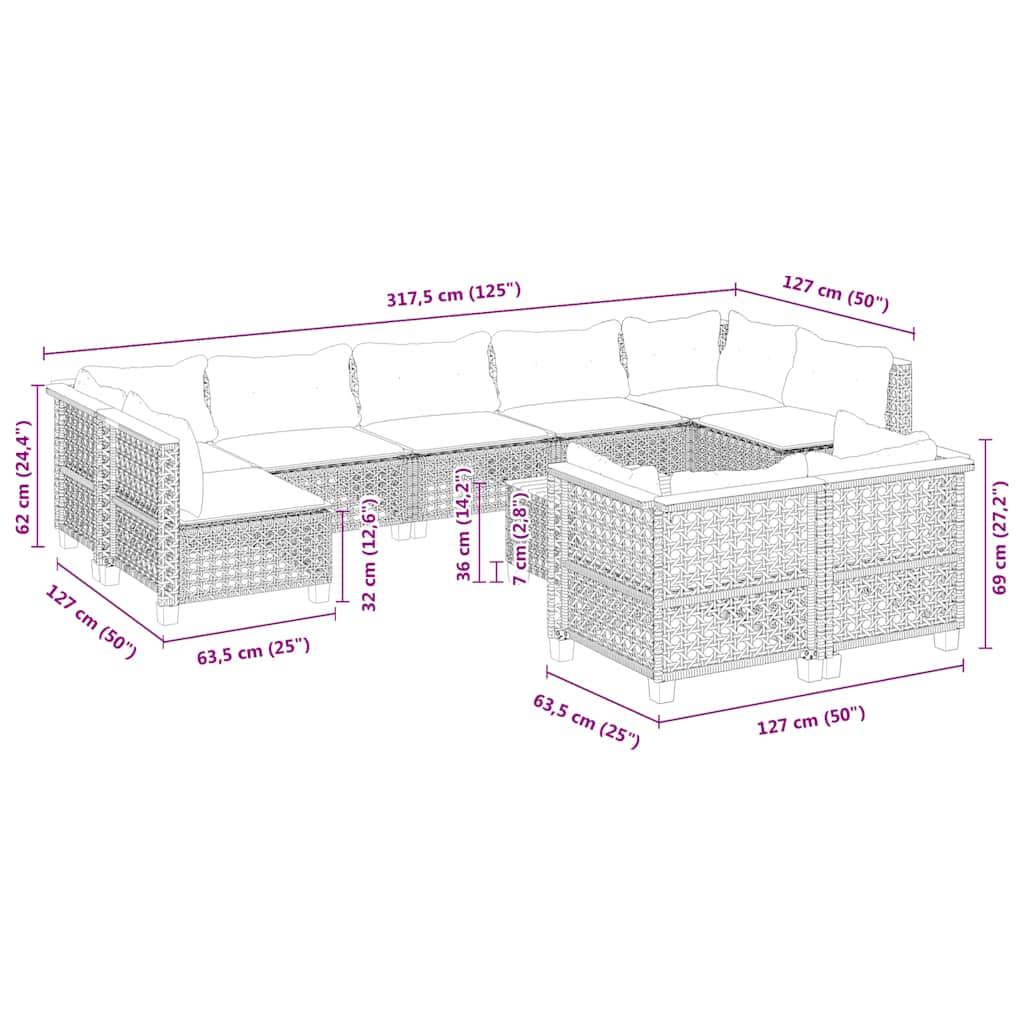 10-tlg. Garten-Sofagarnitur mit Kissen Beige Poly Rattan