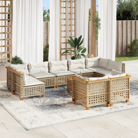 10-tlg. Garten-Sofagarnitur mit Kissen Beige Poly Rattan