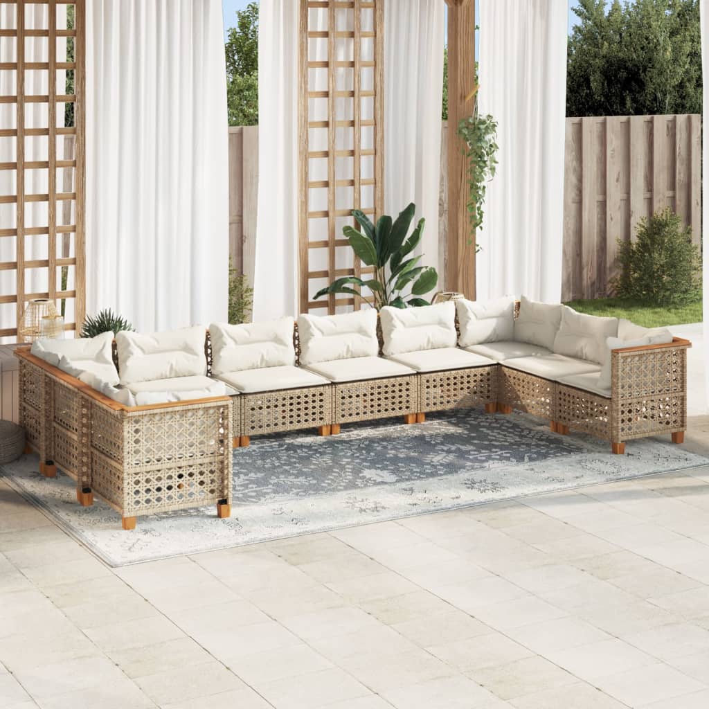 10-tlg. Garten-Sofagarnitur mit Kissen Beige Poly Rattan