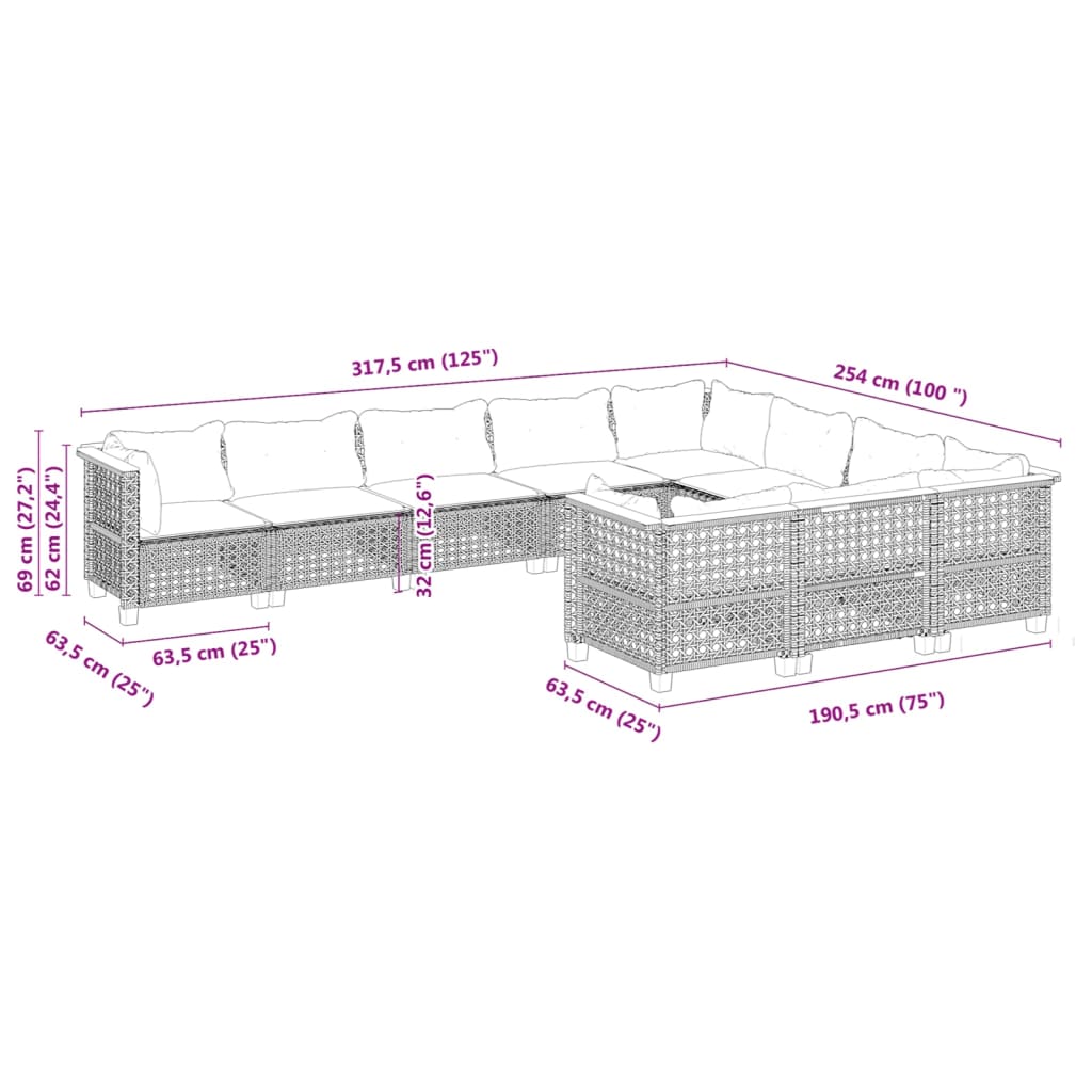 10-tlg. Garten-Sofagarnitur mit Kissen Beige Poly Rattan