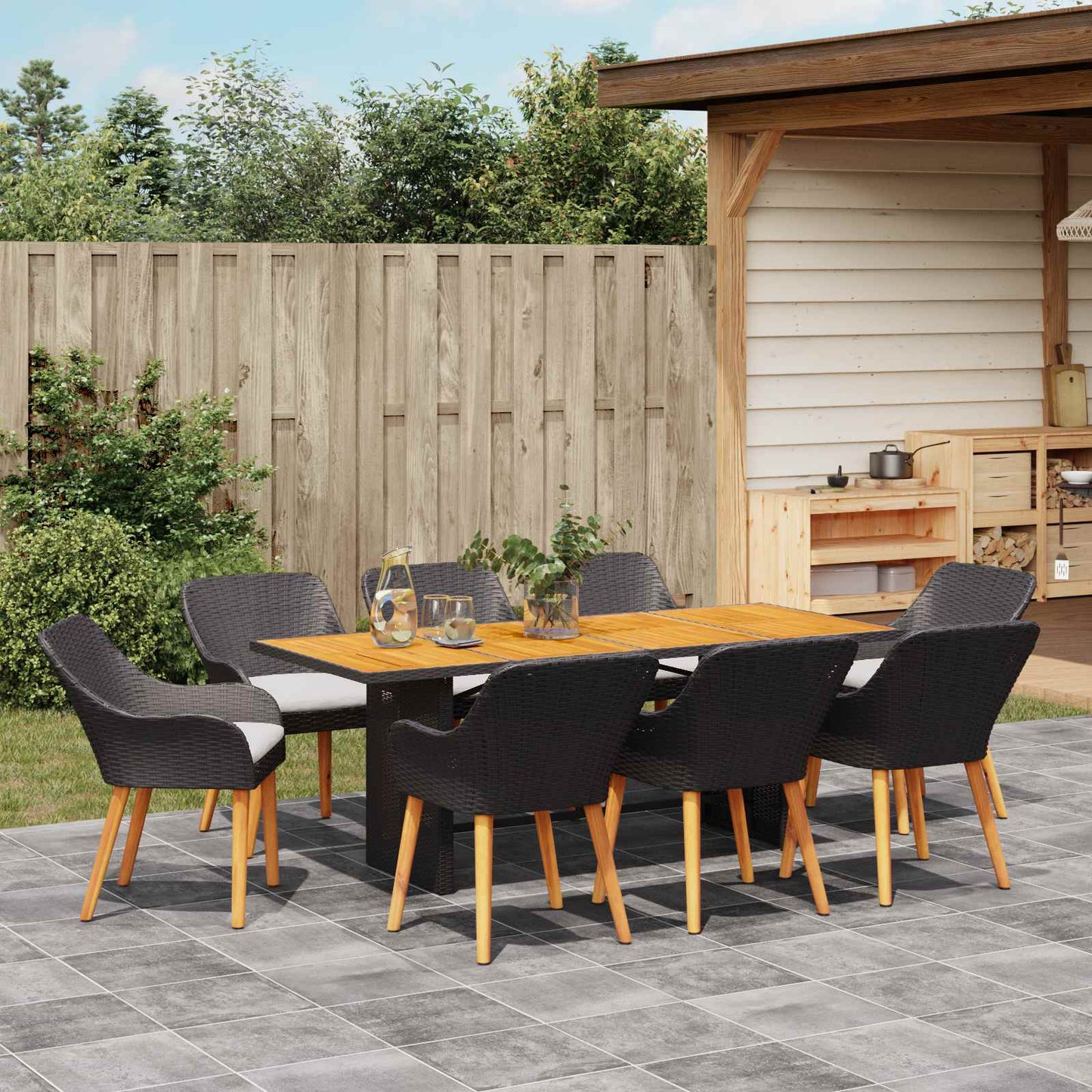 Garten Essgruppe 9 stk. Schwarz Poly-Rattan