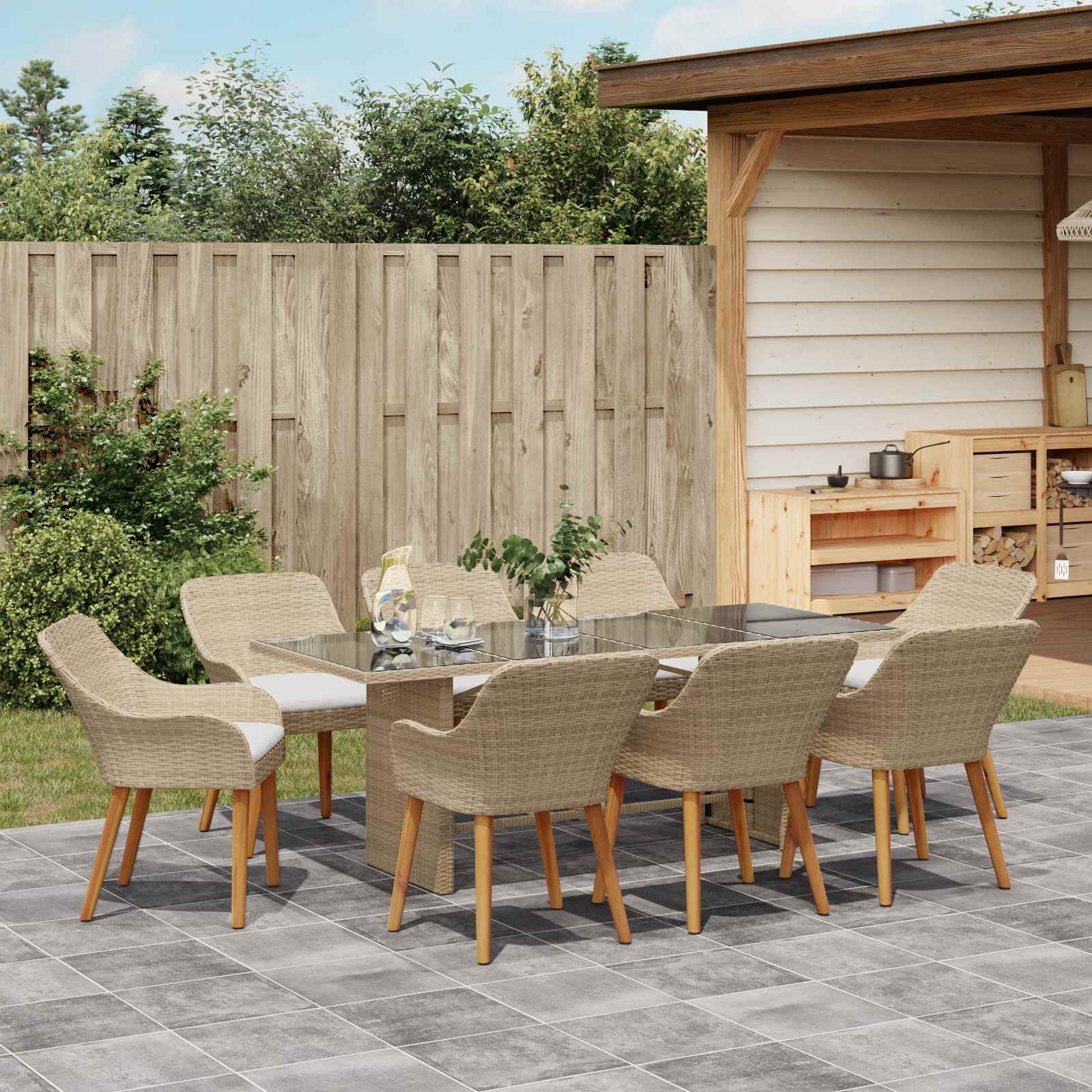 Garten Essgruppe 9 stk. Beige Poly-Rattan