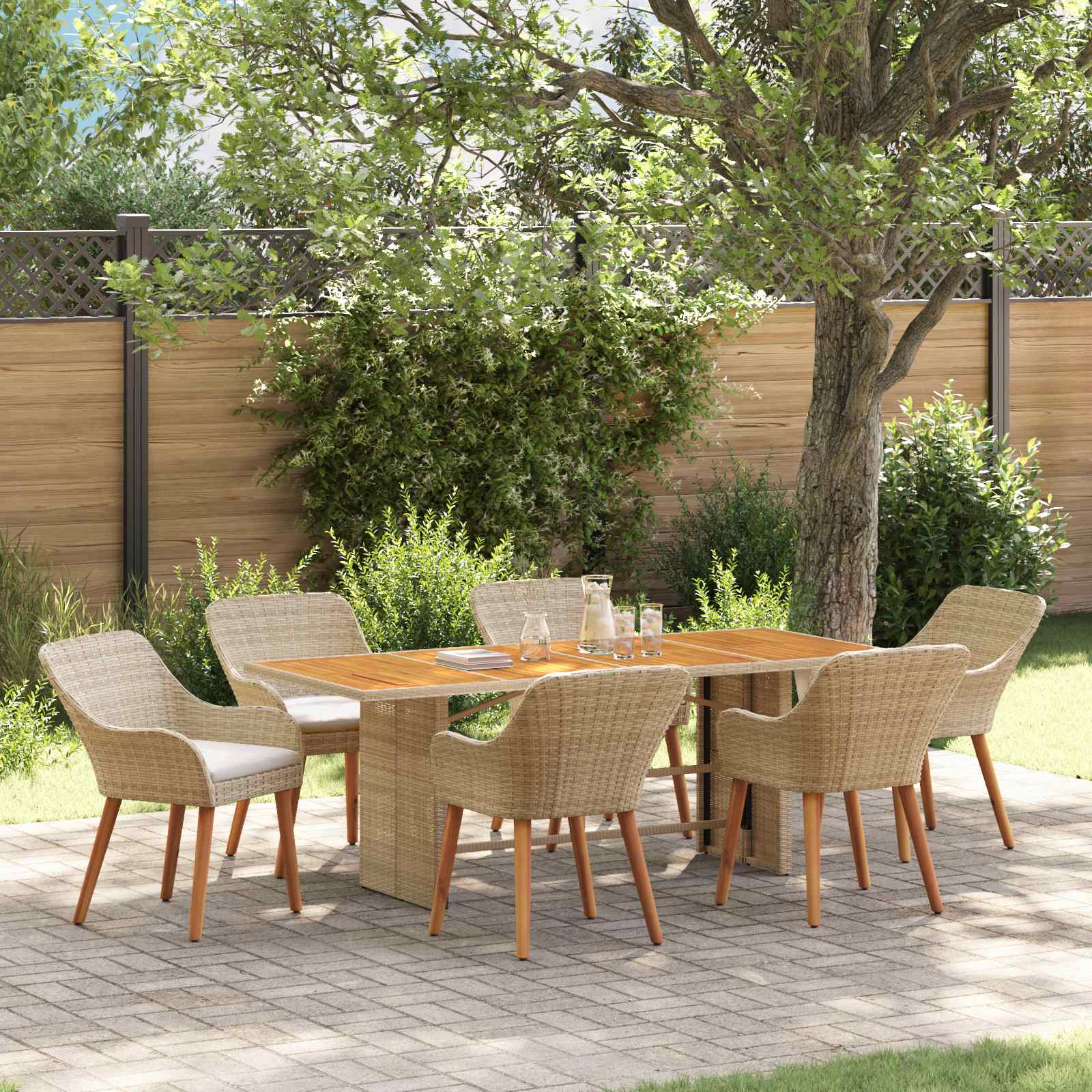 Garten Essgruppe 7 Stk. Beige Poly-Rattan