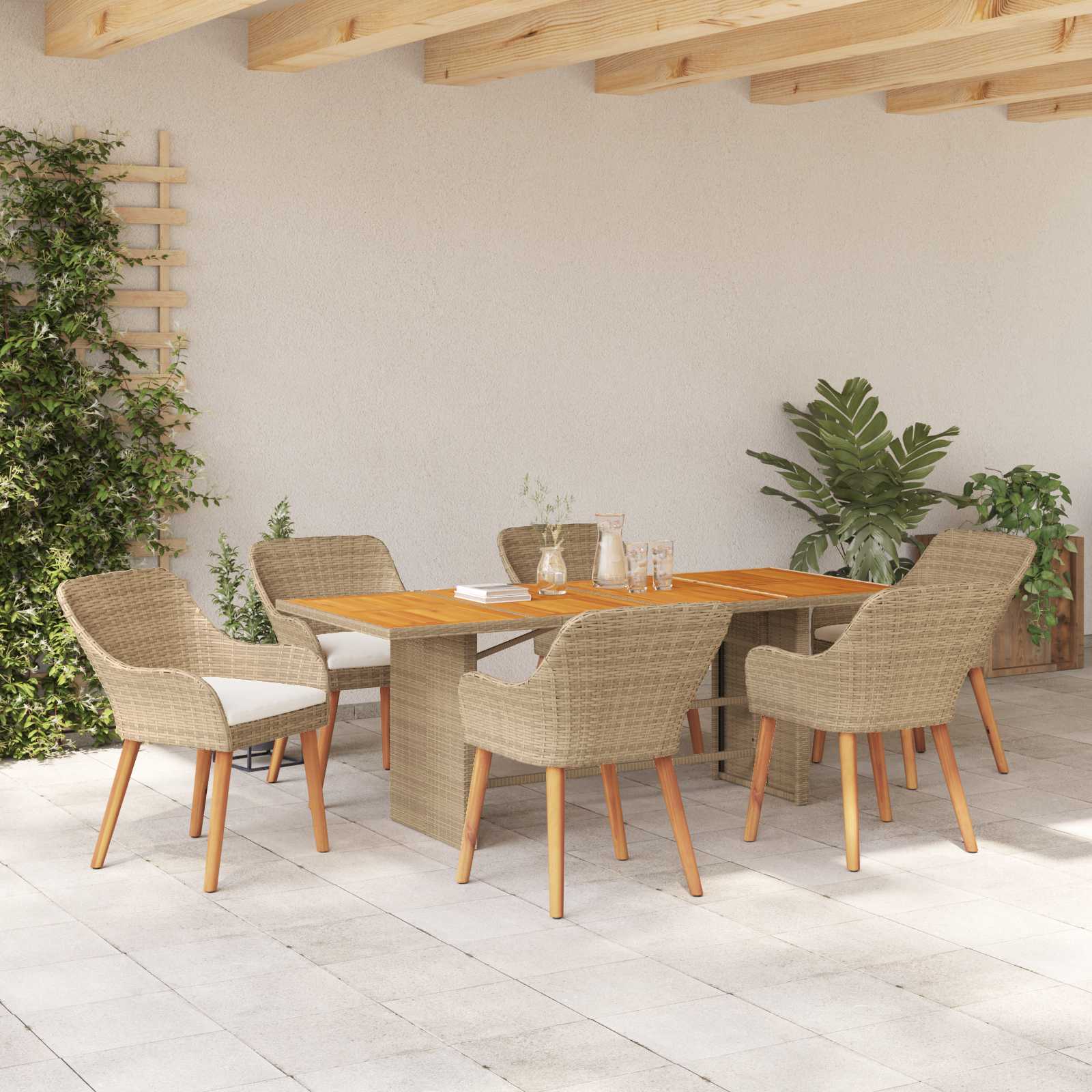 Garten Essgruppe 7 Stk. Beige Poly-Rattan