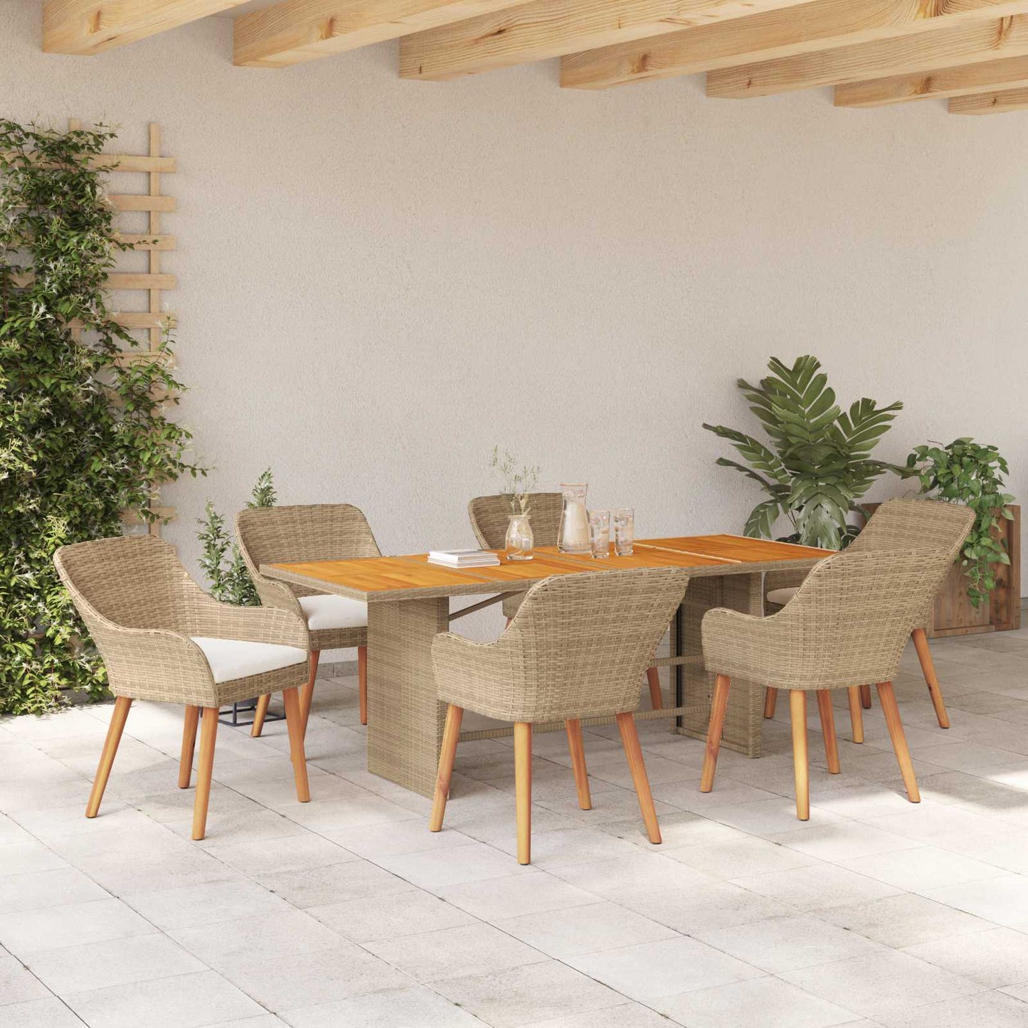Garten Essgruppe 7 Stk. Beige Poly-Rattan