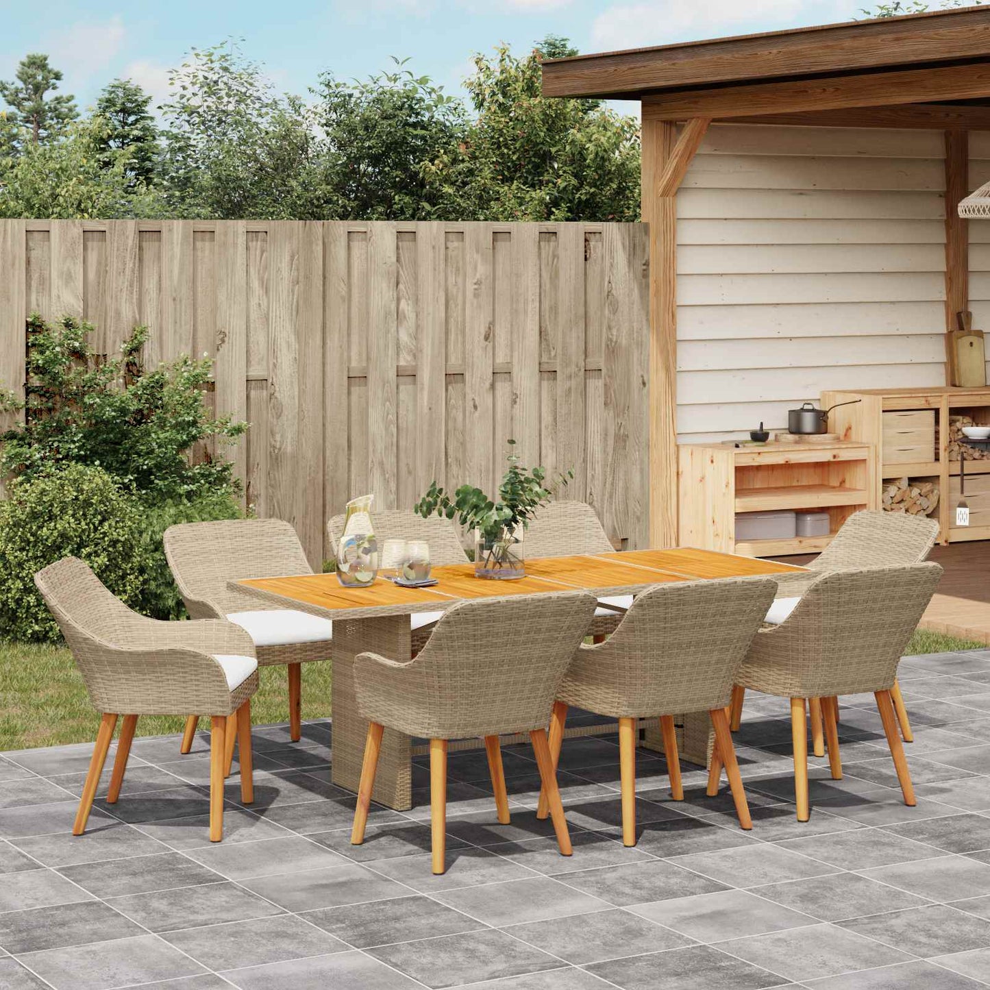 Garten Essgruppe 9 stk. Beige Poly-Rattan