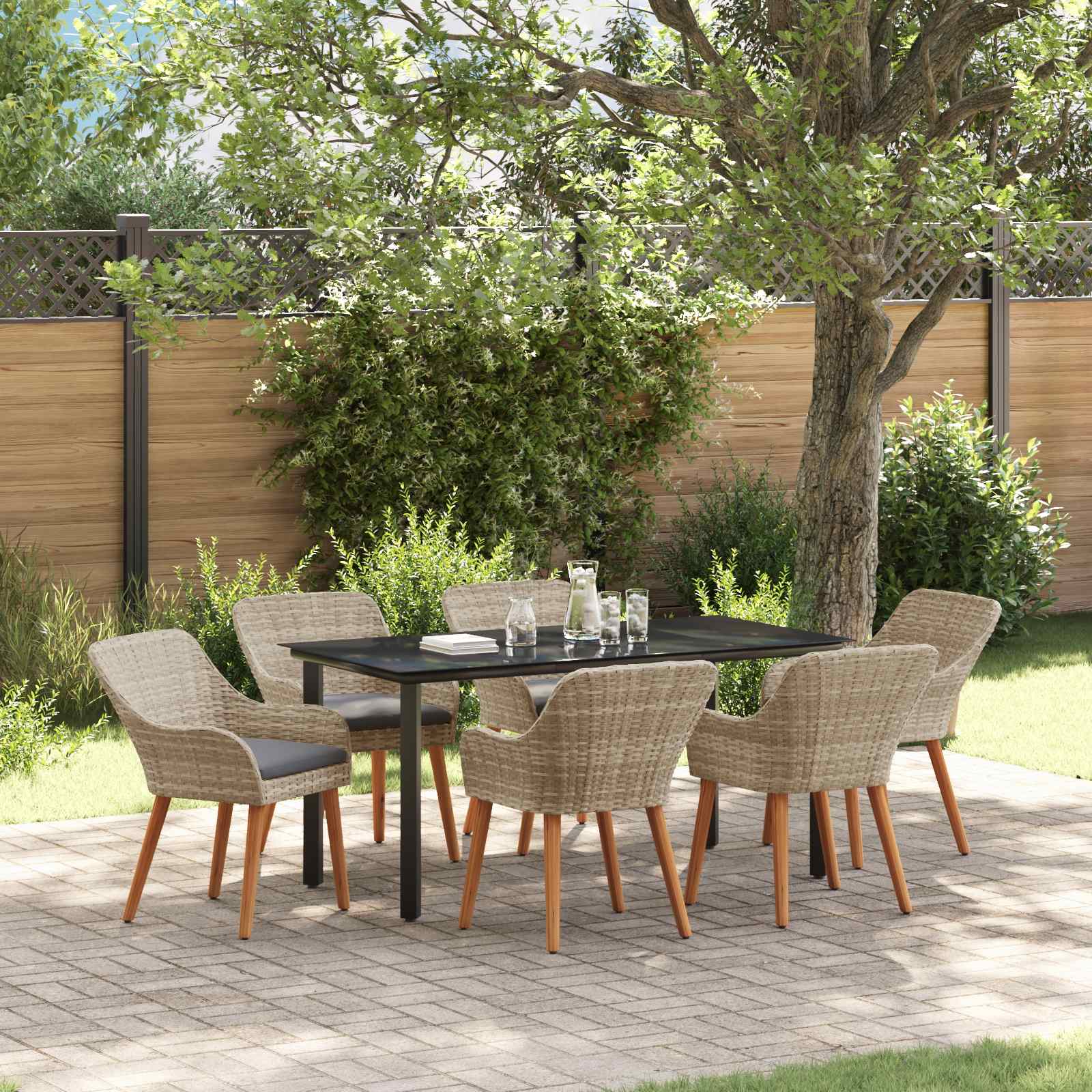 Garten Essgruppe 7 stk. Hellgrau Poly-Rattan