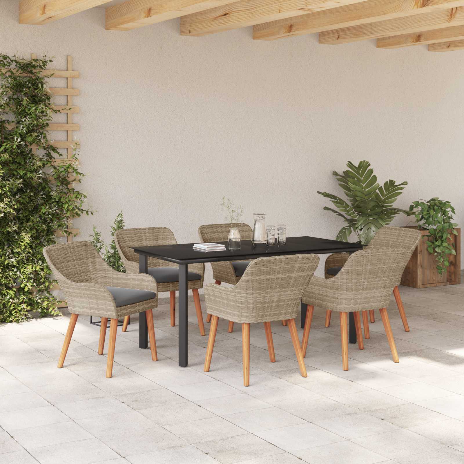 Garten Essgruppe 7 stk. Hellgrau Poly-Rattan