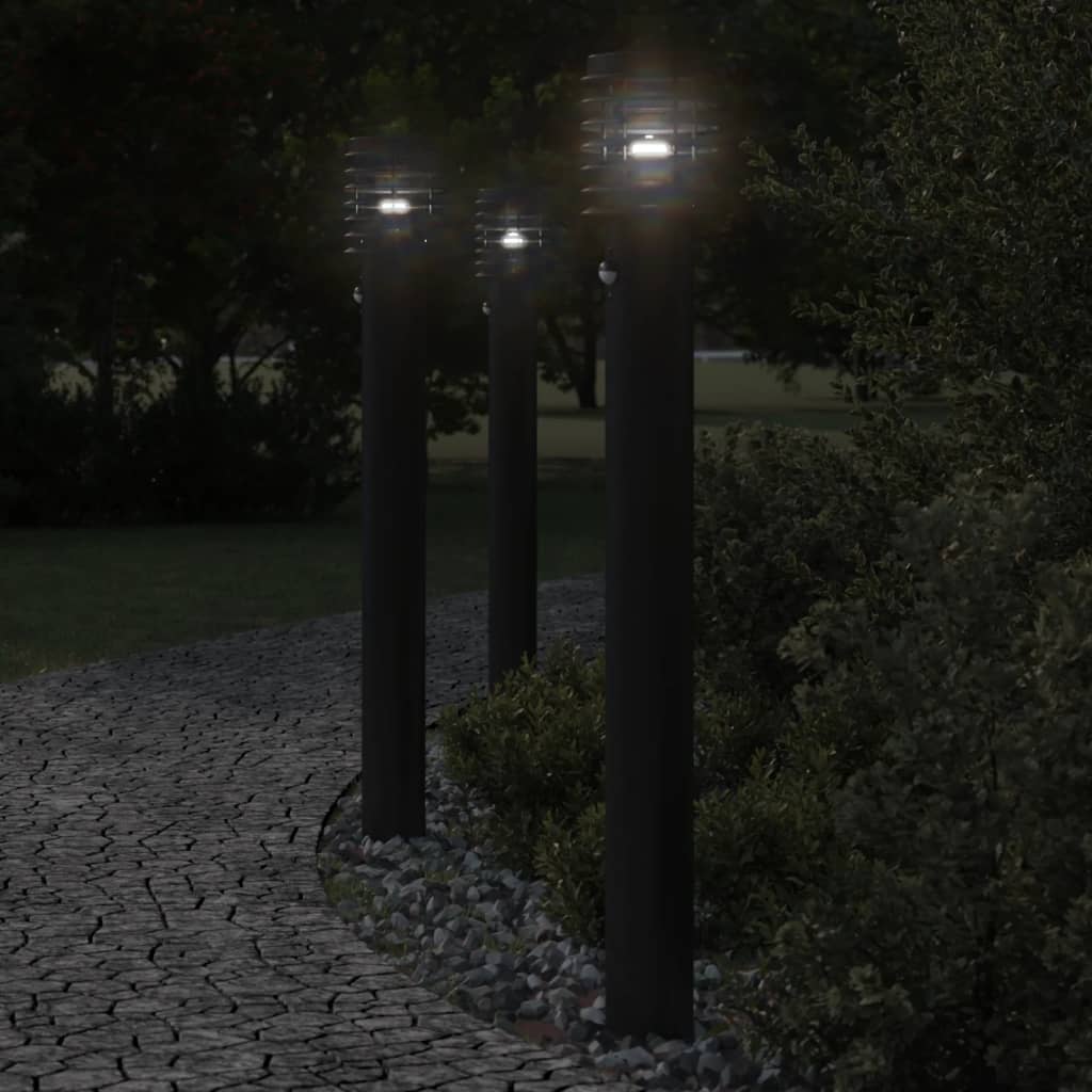 Luminaires de chemin avec détecteur de mouvement 3 pièces Noir 110cm Inox.