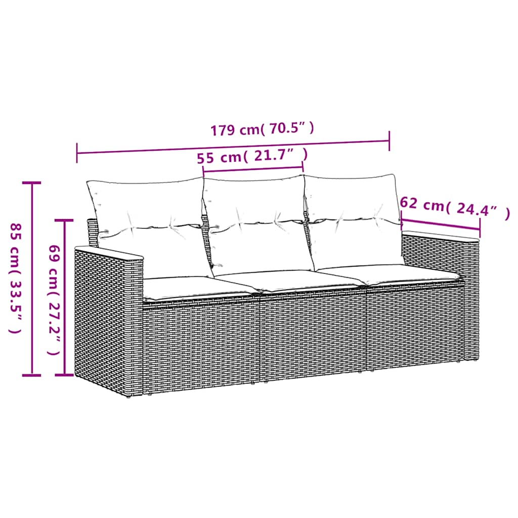 3-tlg. Garten-Sofagarnitur mit Kissen Schwarz Poly Rattan