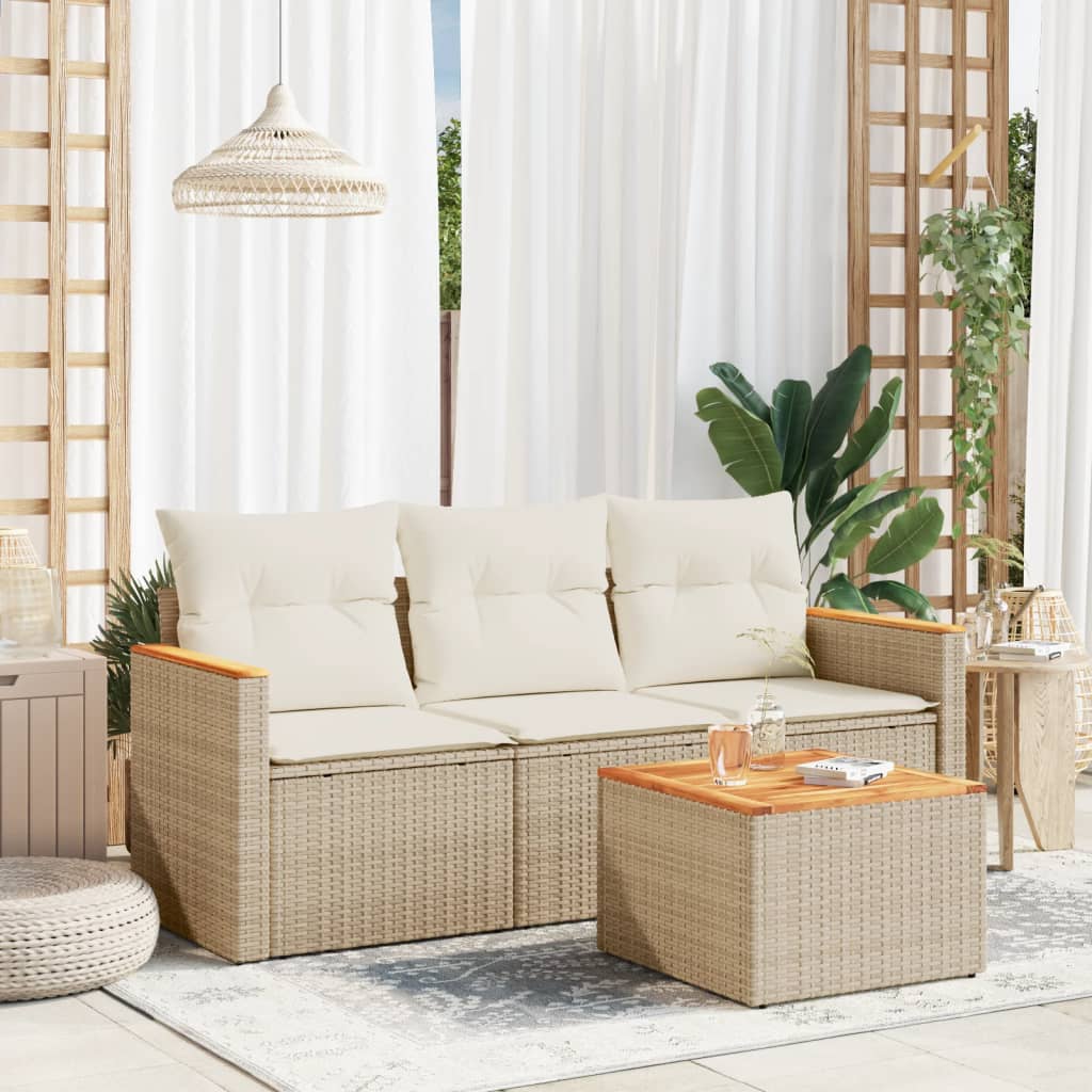 4-tlg. Garten-Sofagarnitur mit Kissen Beige Poly Rattan
