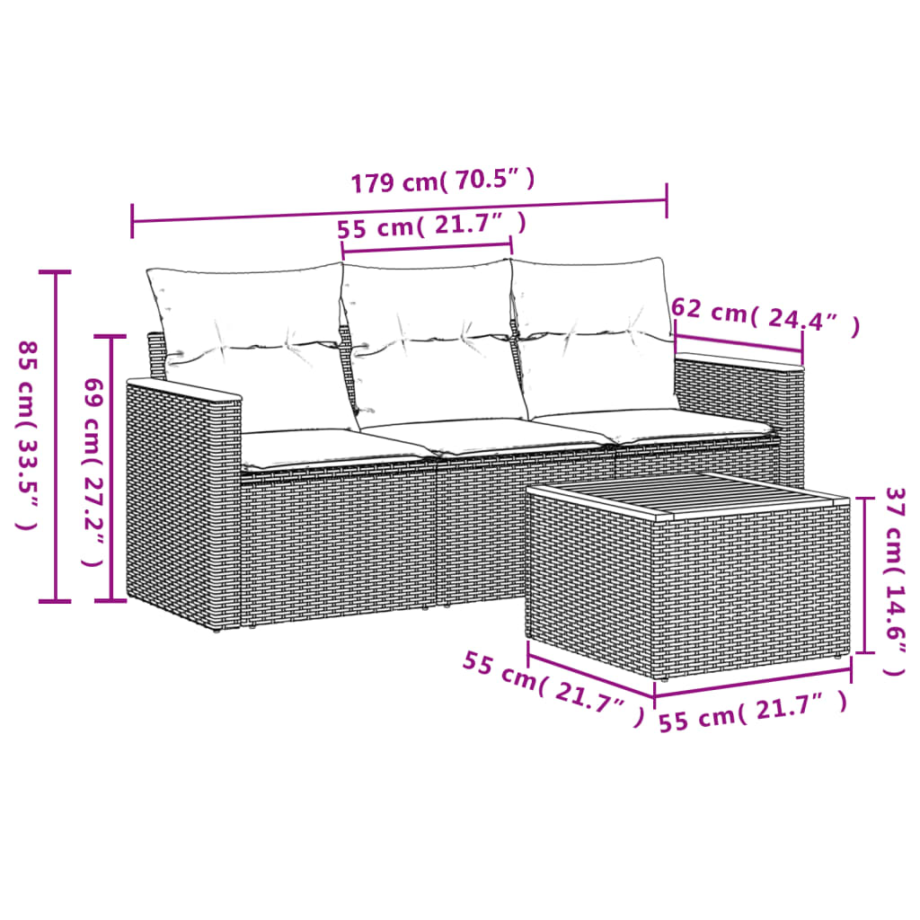 4-tlg. Garten-Sofagarnitur mit Kissen Grau Poly Rattan