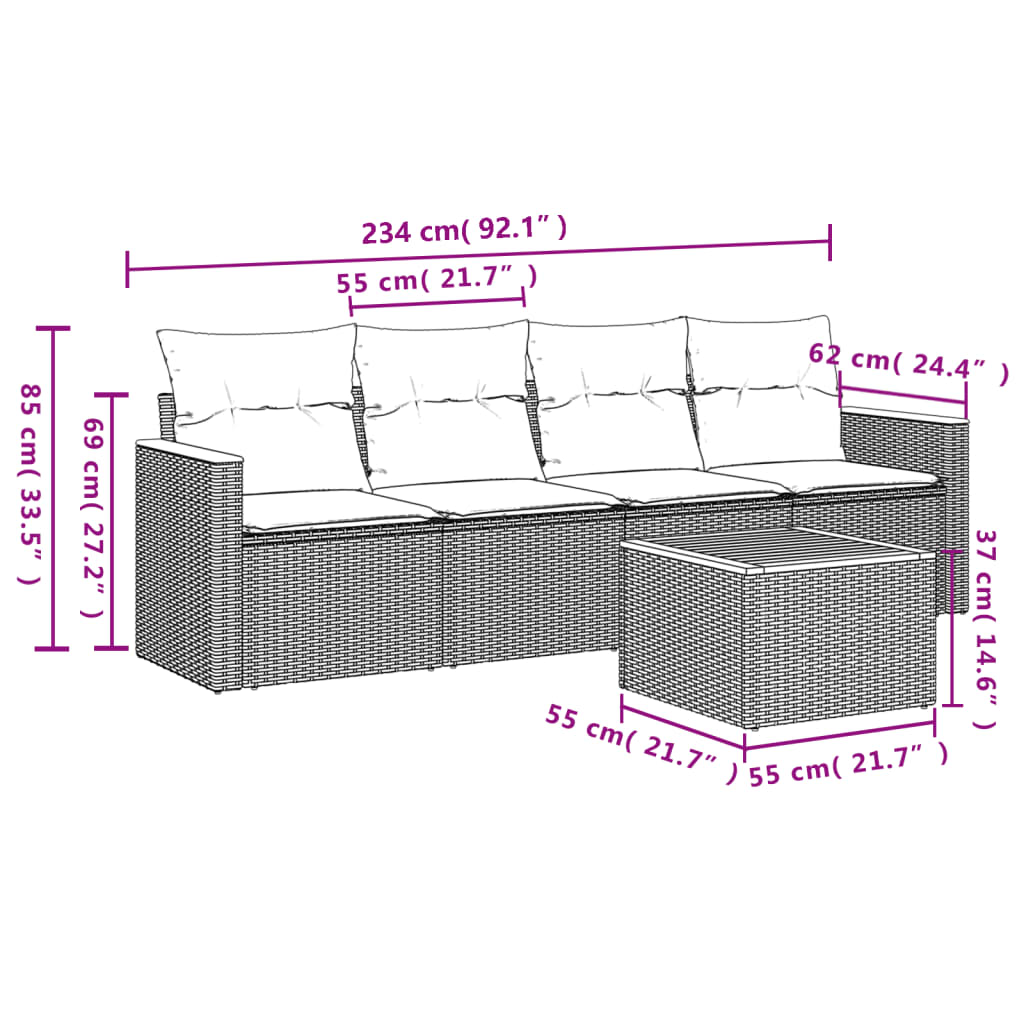 5-tlg. Garten-Sofagarnitur mit Kissen Beige Poly Rattan